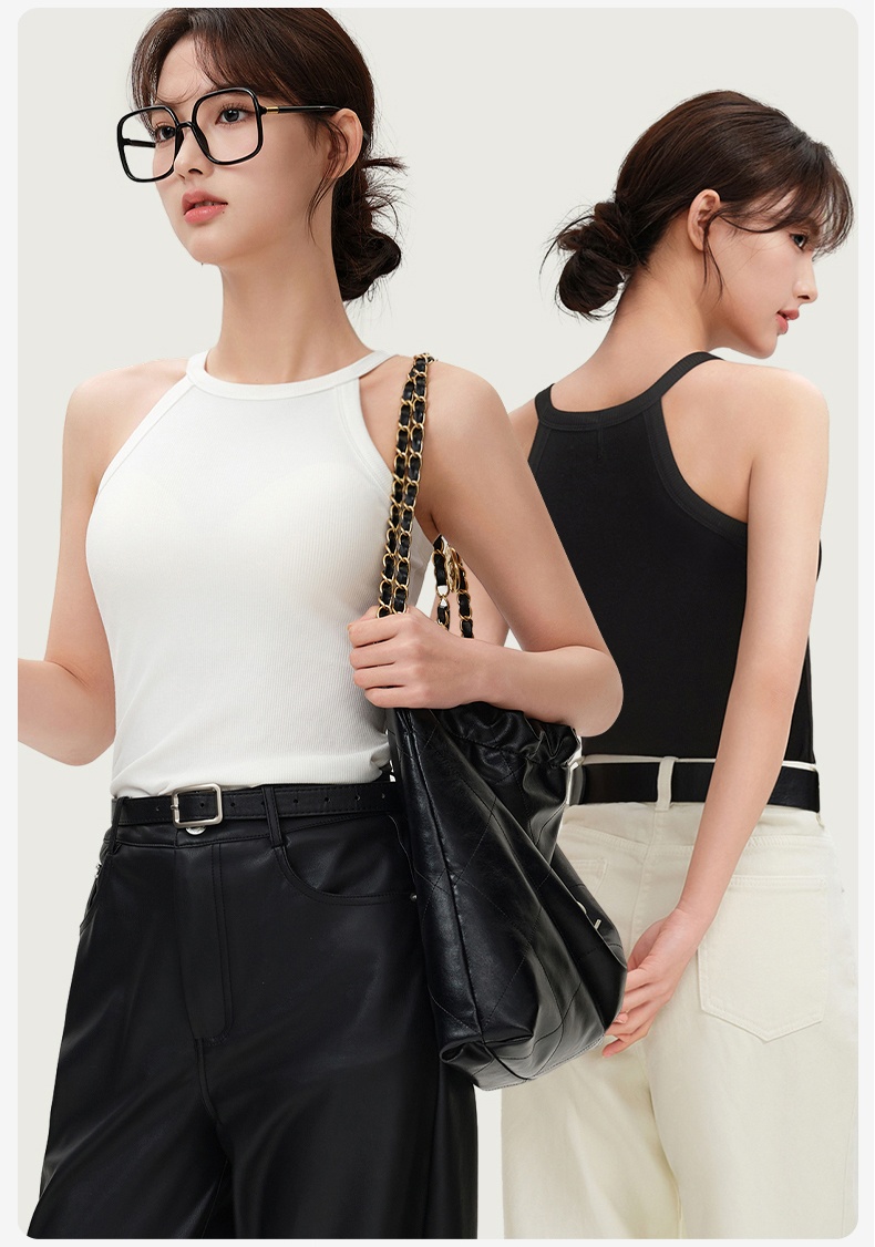 Breathable Ribbed Tank Tops With Built-in 3D Cup Bra One Piece 2 In 1 Fashionable Versatile Halter Neck Tops Models Showcase VEIMIA