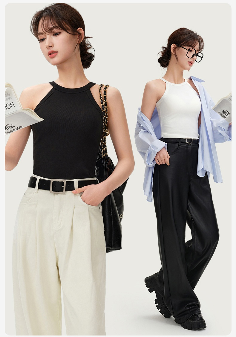 Breathable Ribbed Tank Tops With Built-in 3D Cup Bra One Piece 2 In 1 Fashionable Versatile Halter Neck Top Model Showcase VEIMIA