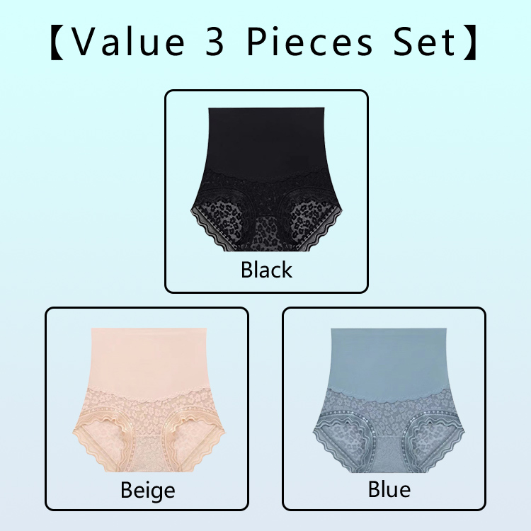 3 Pieces Set High Waist Tummy-control Sexy Skin-friendly Lace Panties VEIMIA