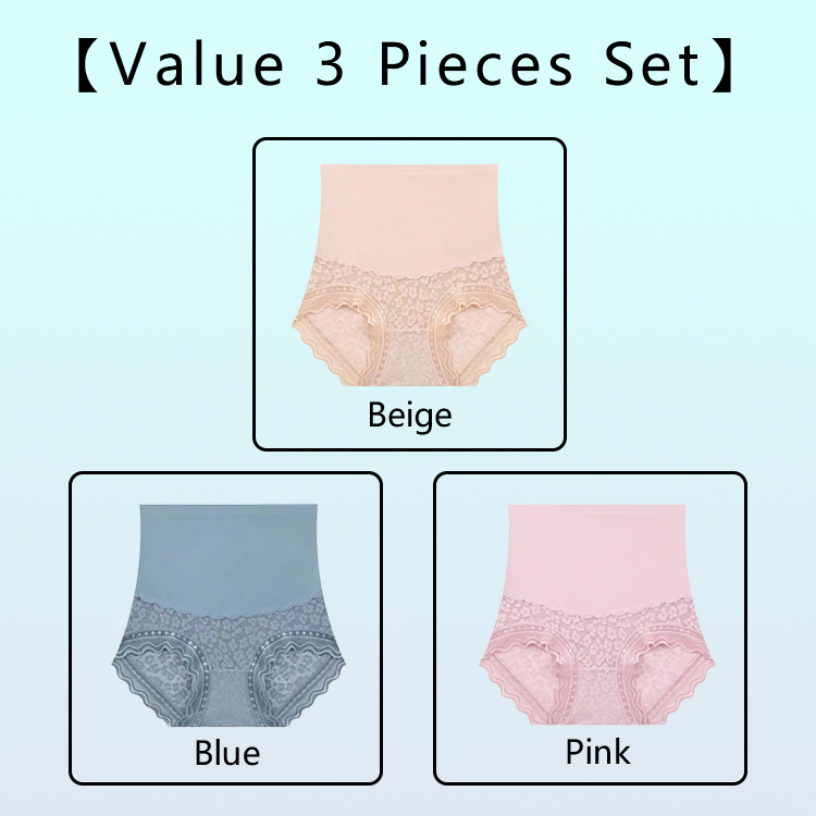 3 Pieces High Waisted Tummy-control Sexy Skin-friendly Lace Panties VEIMIA