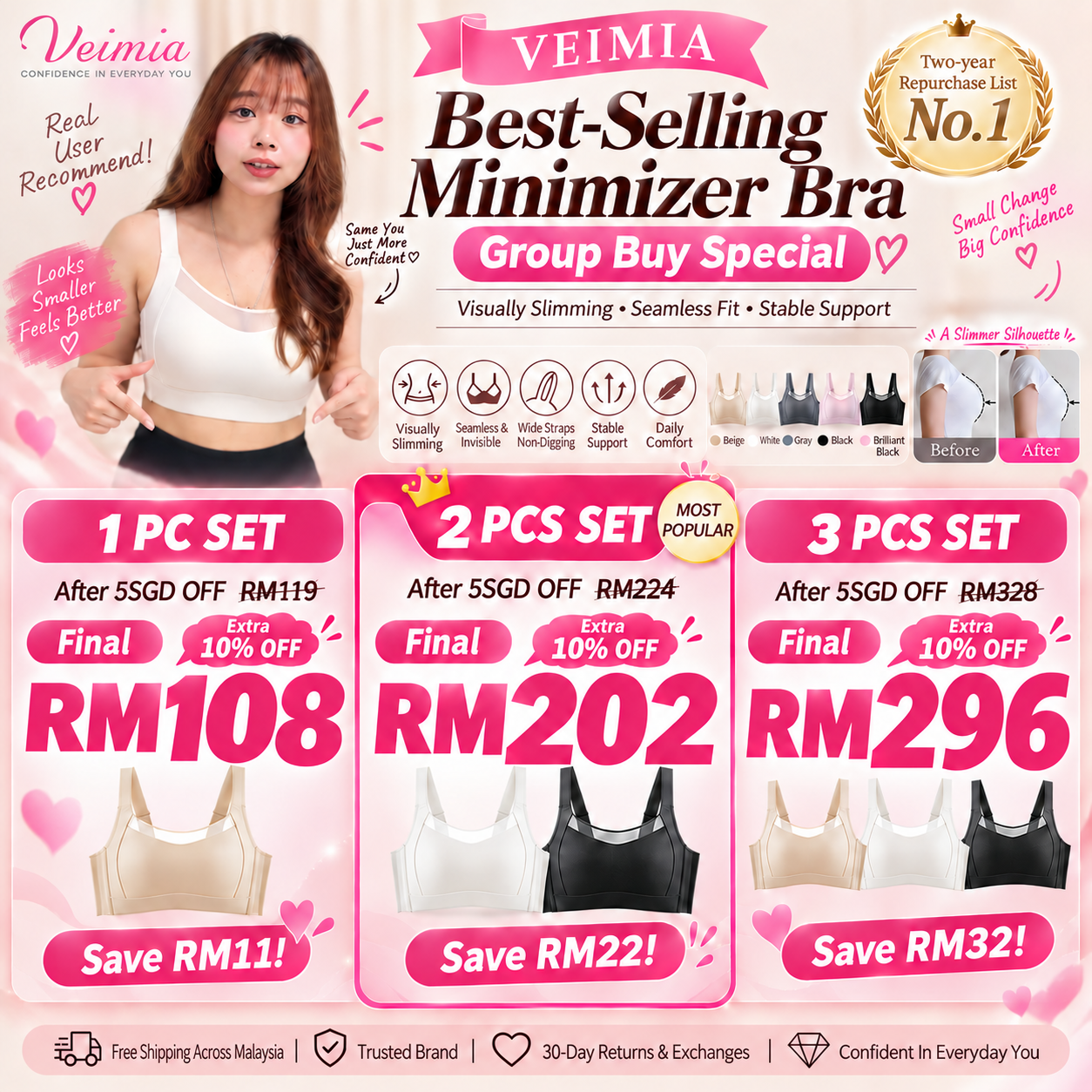 【VEIMIA X Mikiwong_97】VEIMIA Minimizer Bra - Visually Slimming No.1 & Two-year Repurchase List No.1, Anti-Bounce and Seamless