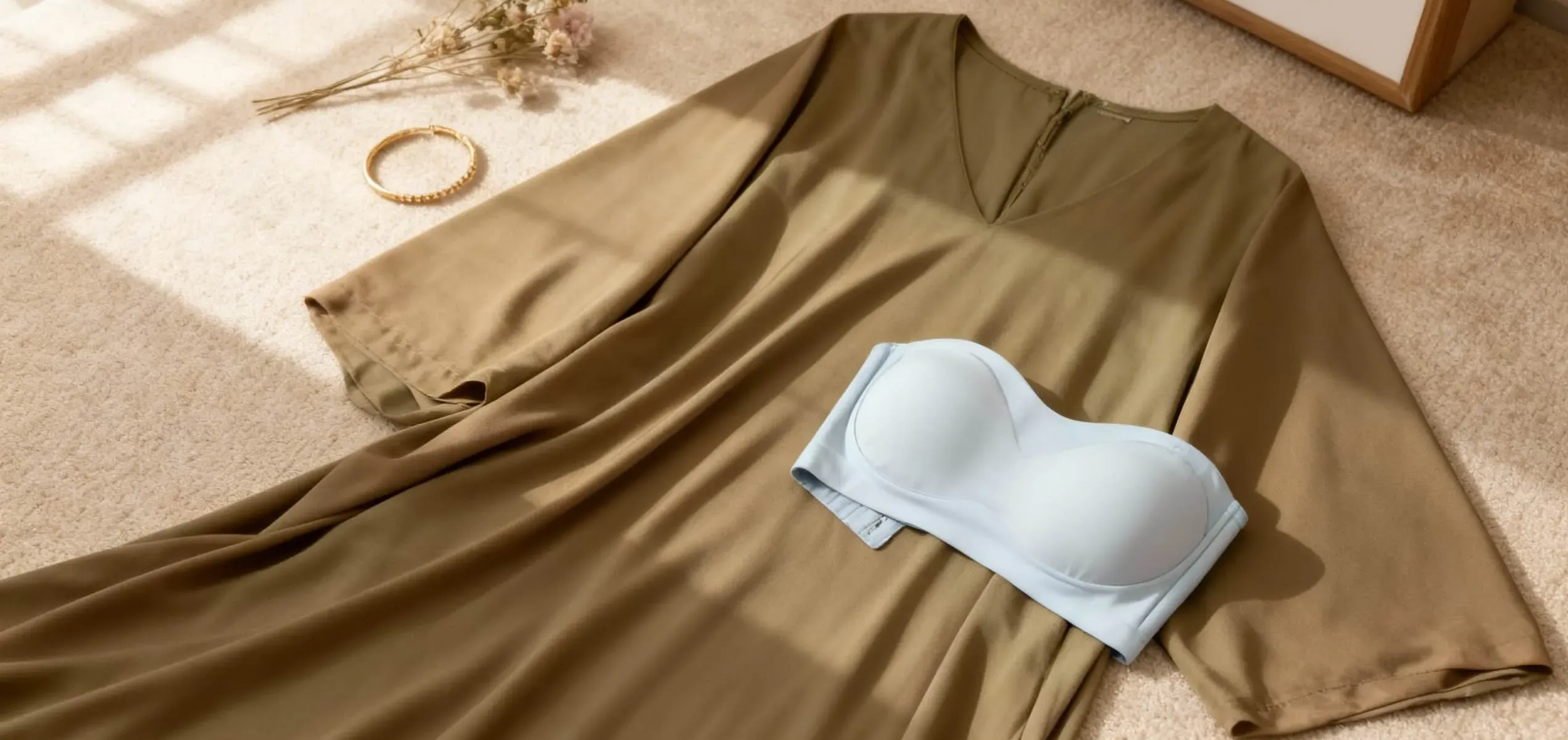 VEIMIA Breathable wireless bra displayed with a soft draped Kaftan or Jubah Abaya, showing comfortable innerwear options for warm SG/MY Raya weather.
