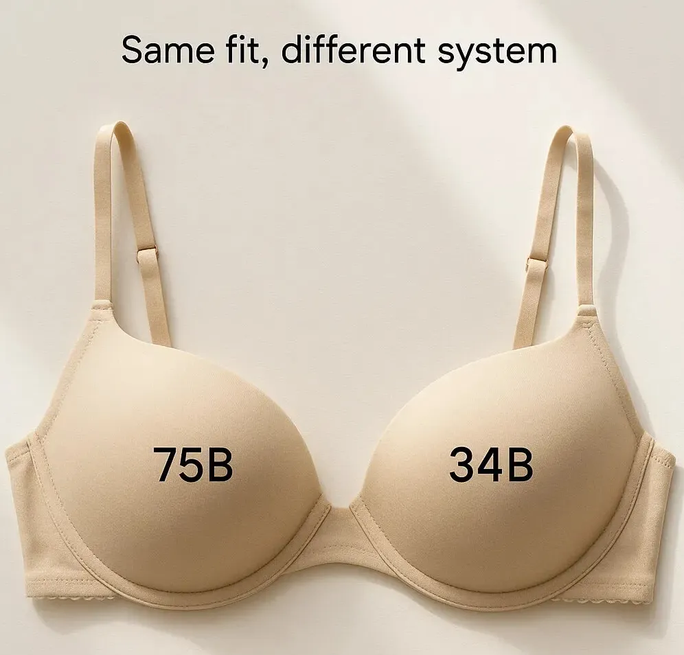 VEIMIA Sister size chart showing 32D, 34C, and 36B with same bra cup volume