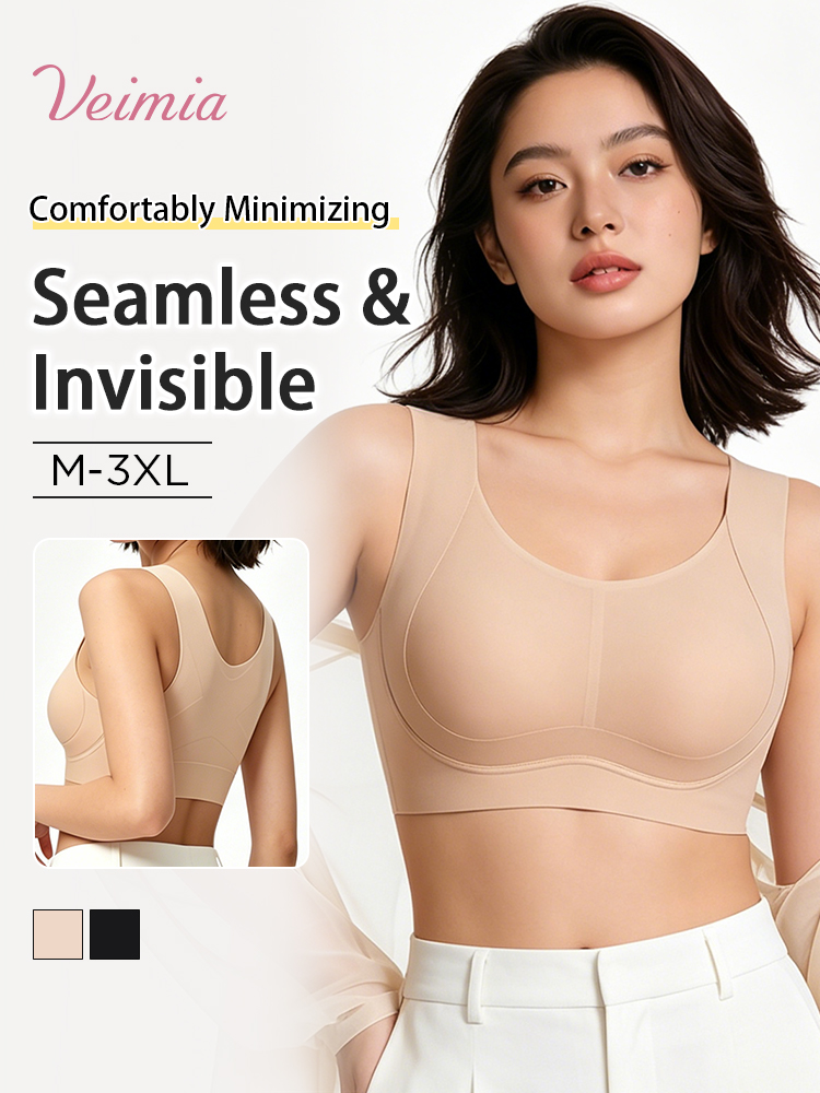 Beige invisible seamless minimizing bra shown in front and back views with under-T-shirt comparison, VEIMIA