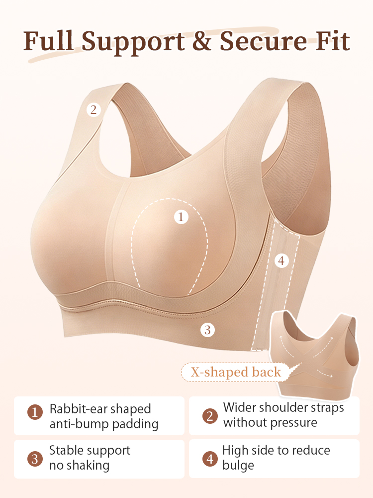 Beige seamless minimizing bra feature graphic showing wide straps, high sides and X-back support, VEIMIA