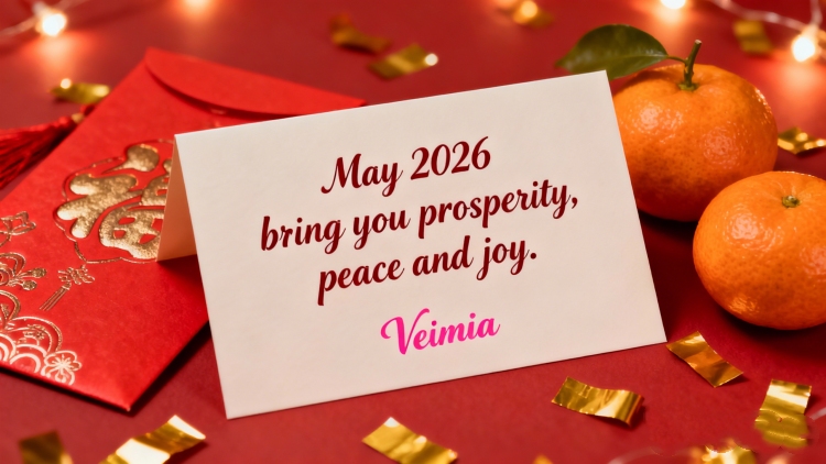 VEIMIA Chinese New Year greeting card with angpao packets and mandarin oranges, representing festive greetings for Happy New Year 2026