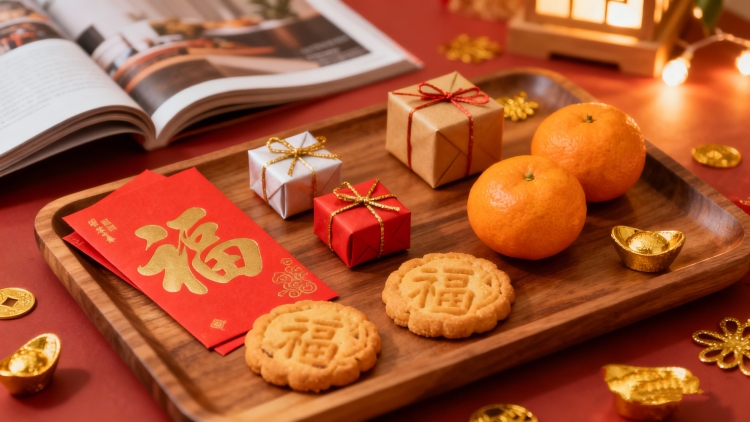 VEIMIA Chinese New Year gifts, angpao packets and festive cookies arranged together for Malaysian CNY celebrations.