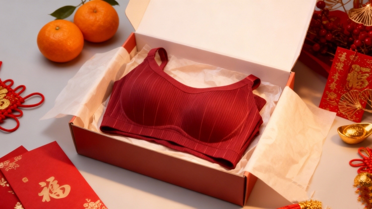 VEIMIA Soft comfortable bra presented as a Chinese New Year self-care gift, with angpao packets and festive decorations for Malaysia CNY