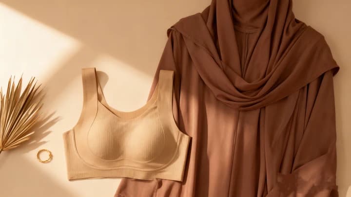 VEIMIA Nude full-coverage minimizer bra placed beside a modest mocha Jubah Abaya, showing the best breathable and supportive underwear choice for Raya outfits in warm SG/MY weather.