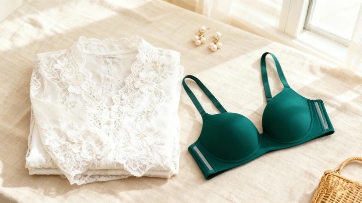 VEIMIA Nude plunge bra with side-support panels placed next to a white lace Kebaya top, illustrating the ideal bra type for kebaya outfits during Raya
