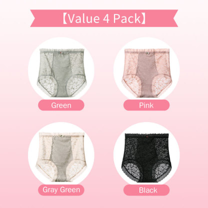 4 Pieces Set High Waisted Panties Breathable Cotton Crotch Women Plus Size Lace Brief Lift Hip VEIMIA