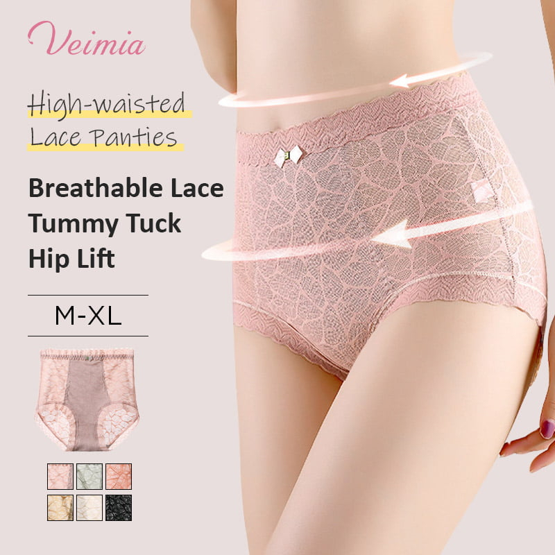 High Waisted Lace Panties Breathable Cotton Crotch Womens Plus Size Brief Lift Hip VEIMIA