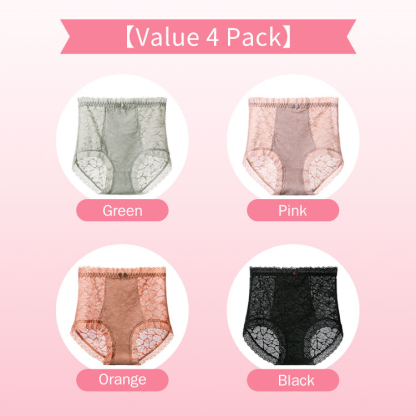 4 Pieces High Waisted Panties Breathable Cotton Crotch Womens Plus Size Lace Brief Lift Hip VEIMIA