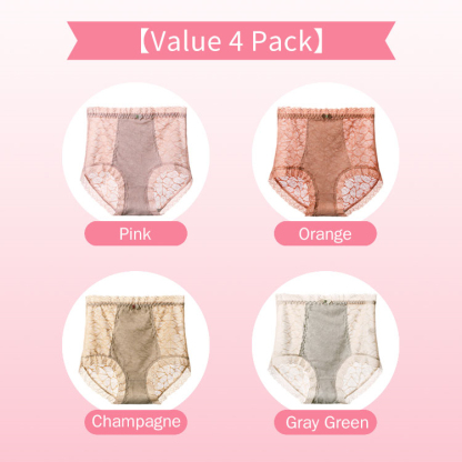 4 Pieces Set High Waist Panties Breathable Cotton Crotch Womens Plus Size Lace Brief Lift Hip VEIMIA