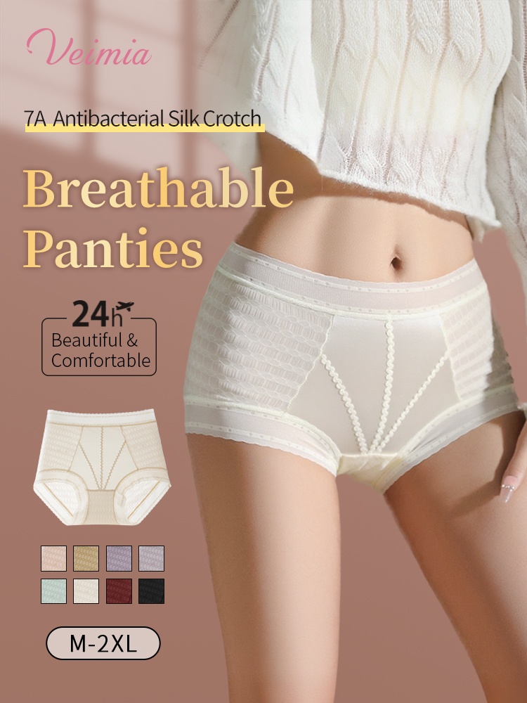 Breathable Lace Panties for Hot Summer: 7A Mulberry Silk Crotch, High-Waisted Anti-Wedgie Fit VEIMIA