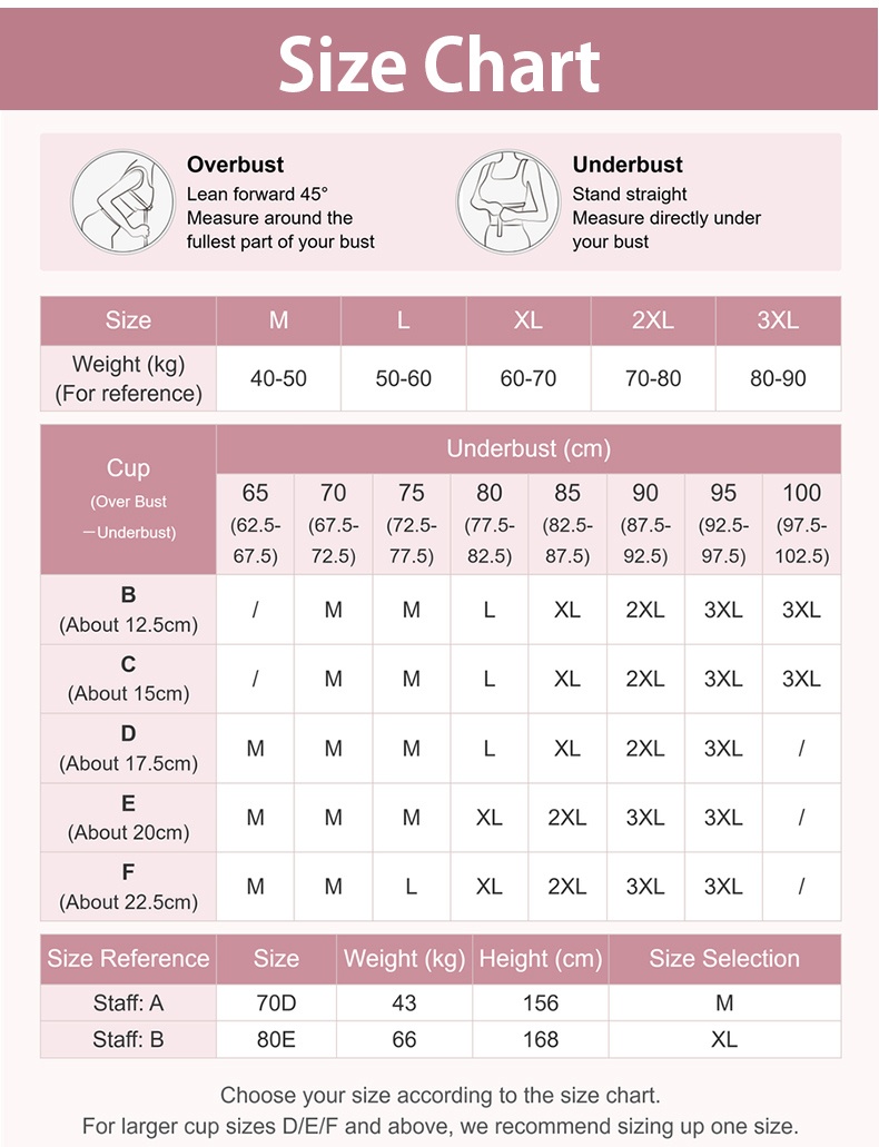 Size chart with overbust underbust cup and weight measurement guide VEIMIA