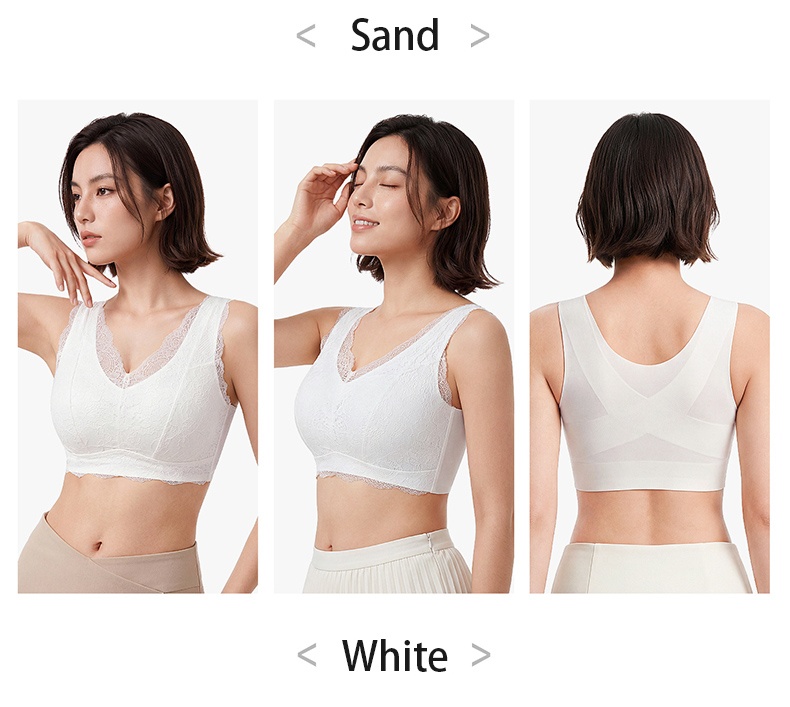 Model wearing white lace bra from front side and back views VEIMIA