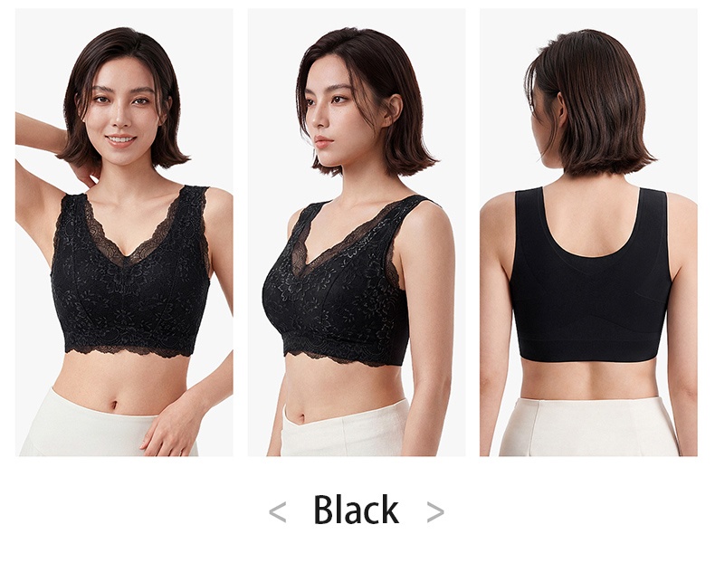 Model wearing black lace bra from front side and back views VEIMIA