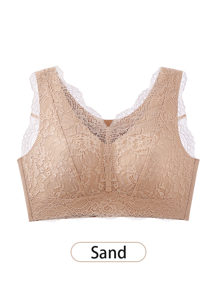 Sand lace bra front view with wide straps and scalloped trim VEIMIA