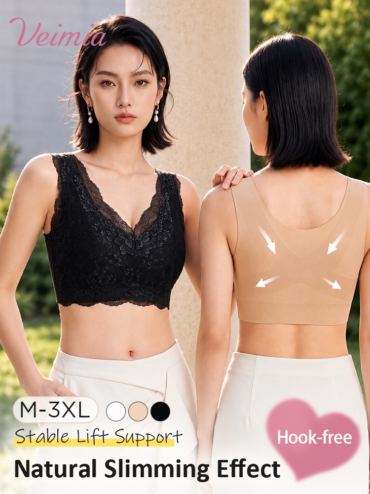 Models showing black lace bra front and sand smoothing back design VEIMIA