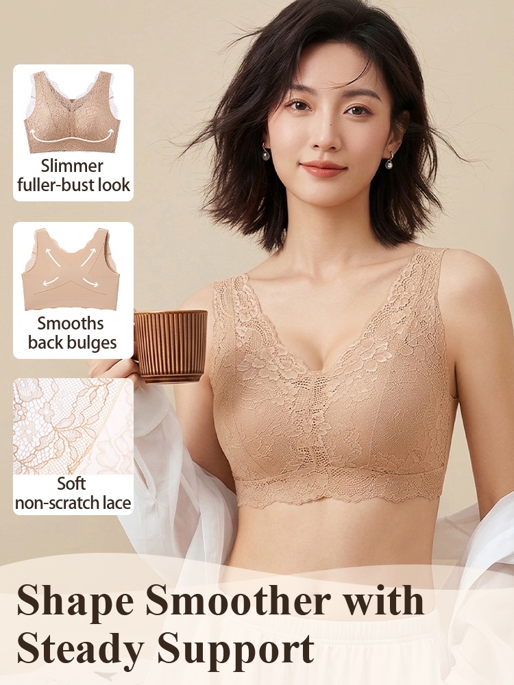 Model wearing sand lace bra with smoothing and support feature callouts VEIMIA