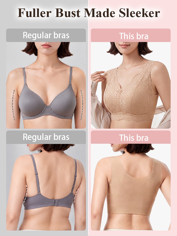 Comparison graphic showing regular bra and sand lace bra front and back VEIMIA
