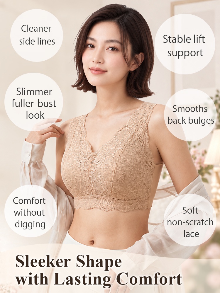 Model wearing sand lace bra with support comfort and smoothing callouts VEIMIA