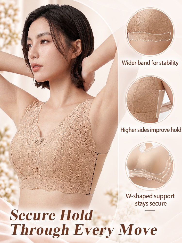 Model wearing sand lace bra with wide band side and support details VEIMIA