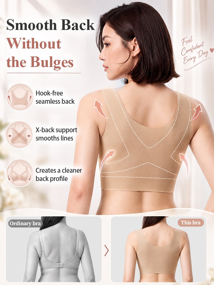 Model back view showing sand hook-free smoothing back support design VEIMIA