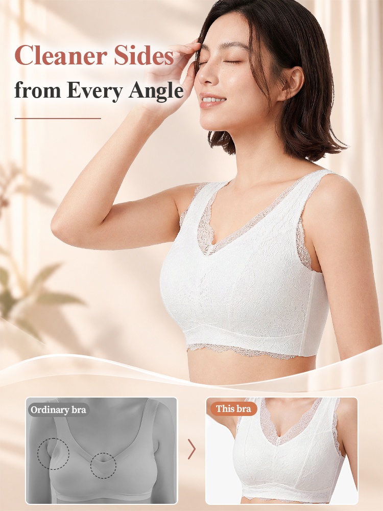 Model wearing white lace bra with side profile comparison graphic VEIMIA