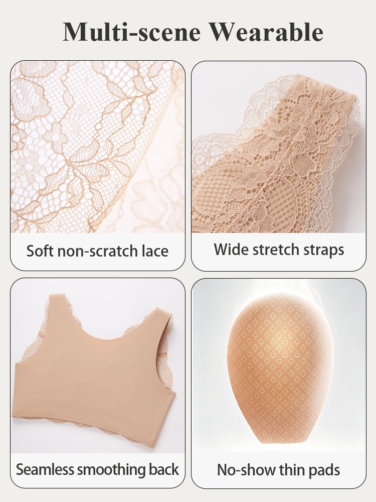 Feature showcase of lace stretch straps seamless back and thin pads VEIMIA