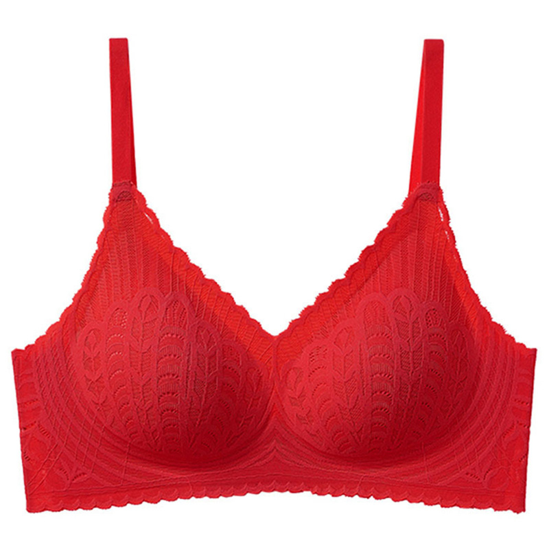 Red Lightweight One-piece Seamless Lace Wireless Push Up Bra Gather And Shape Breast VEIMIA