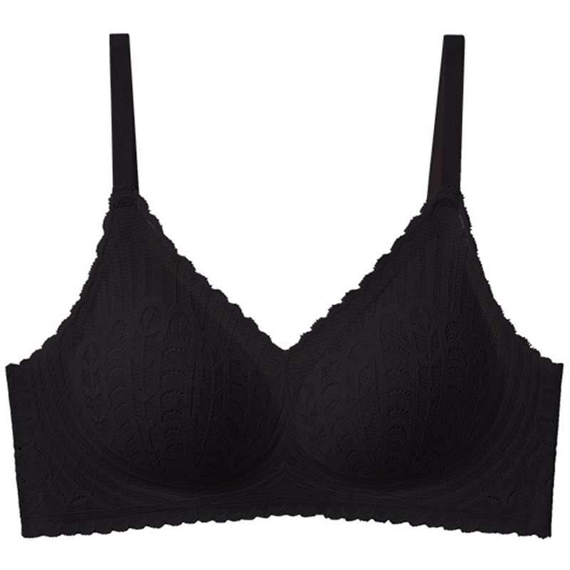 Black Lightweight One-piece Seamless Lace Wireless Push Up Bra Gather And Shape Breast VEIMIA