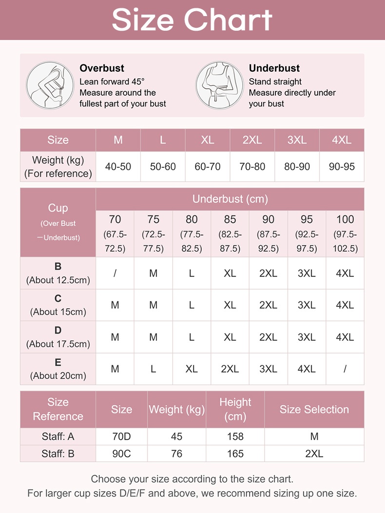 Bra size chart with overbust underbust cup measurements and weight reference VEIMIA