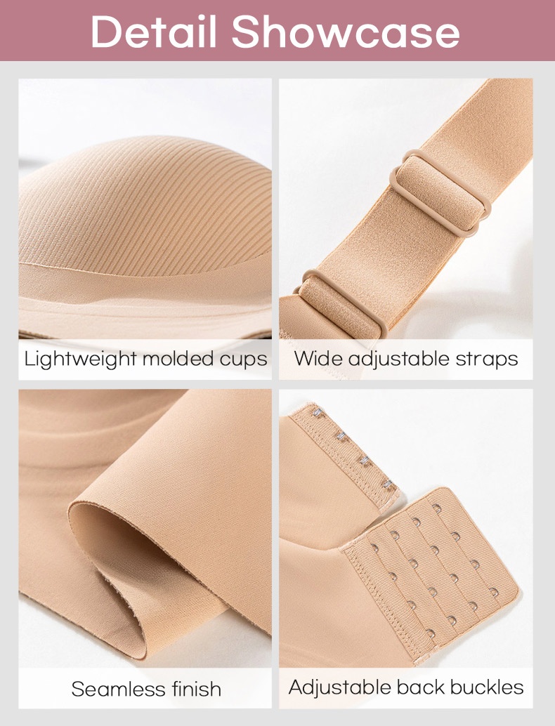 Bra detail showcase of molded cups adjustable shoulder straps seamless edges and hook closure VEIMIA