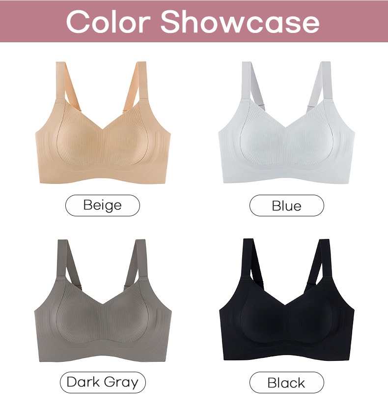 Color showcase of beige light blue dark gray and black supportive bras VEIMIA