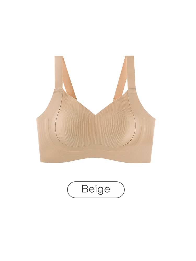 Beige supportive bra front view with ribbed cups wide straps and V neckline VEIMIA