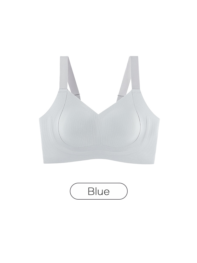 Light blue supportive bra front view with molded cups and broad underbust band VEIMIA