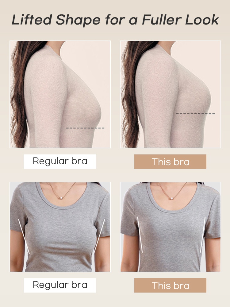 Comparison graphic showing side and front views of regular bra versus supportive bra VEIMIA
