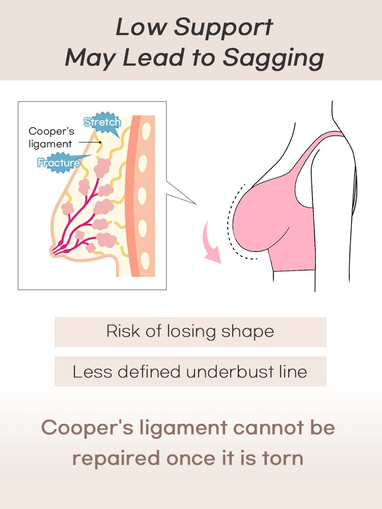 Diagram comparing low support bra fit with illustrated breast ligament structure VEIMIA
