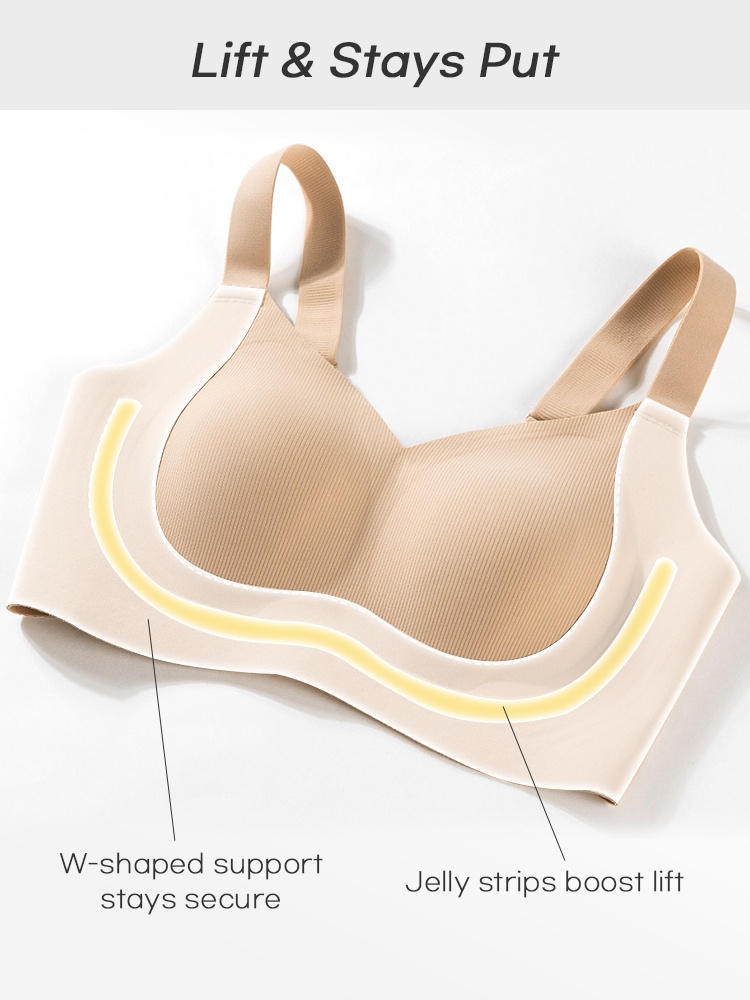 Beige bra feature graphic highlighting W shaped underbust support and curved lift strips VEIMIA
