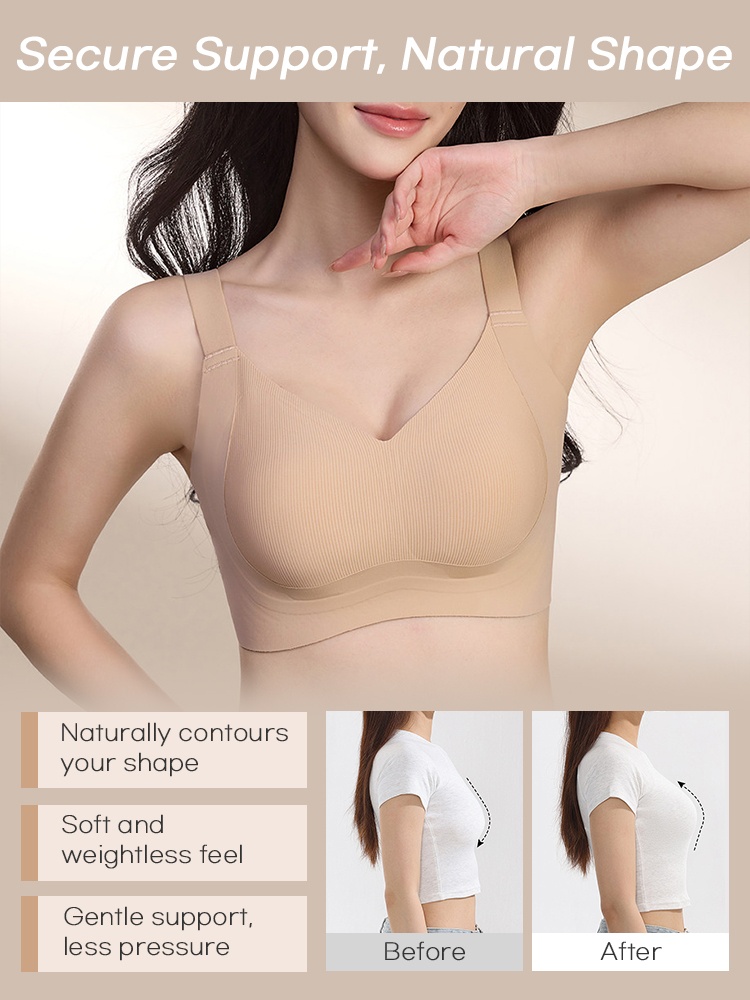 Model wearing beige wide strap bra with supportive underbust band and comparison images VEIMIA