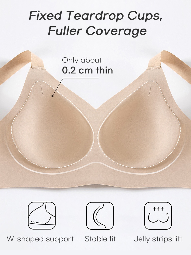 Beige bra cup diagram showing thin teardrop molded cups and internal support design VEIMIA