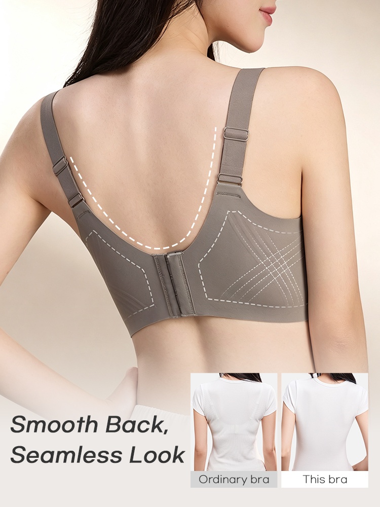 Back view of model wearing gray bra with adjustable straps and wide smoothing back band VEIMIA
