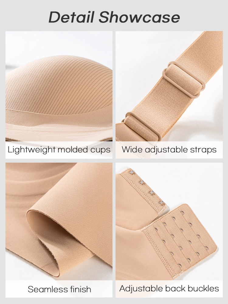 Detail collage of ribbed molded bra cup adjustable strap smooth fabric edge and back hooks VEIMIA
