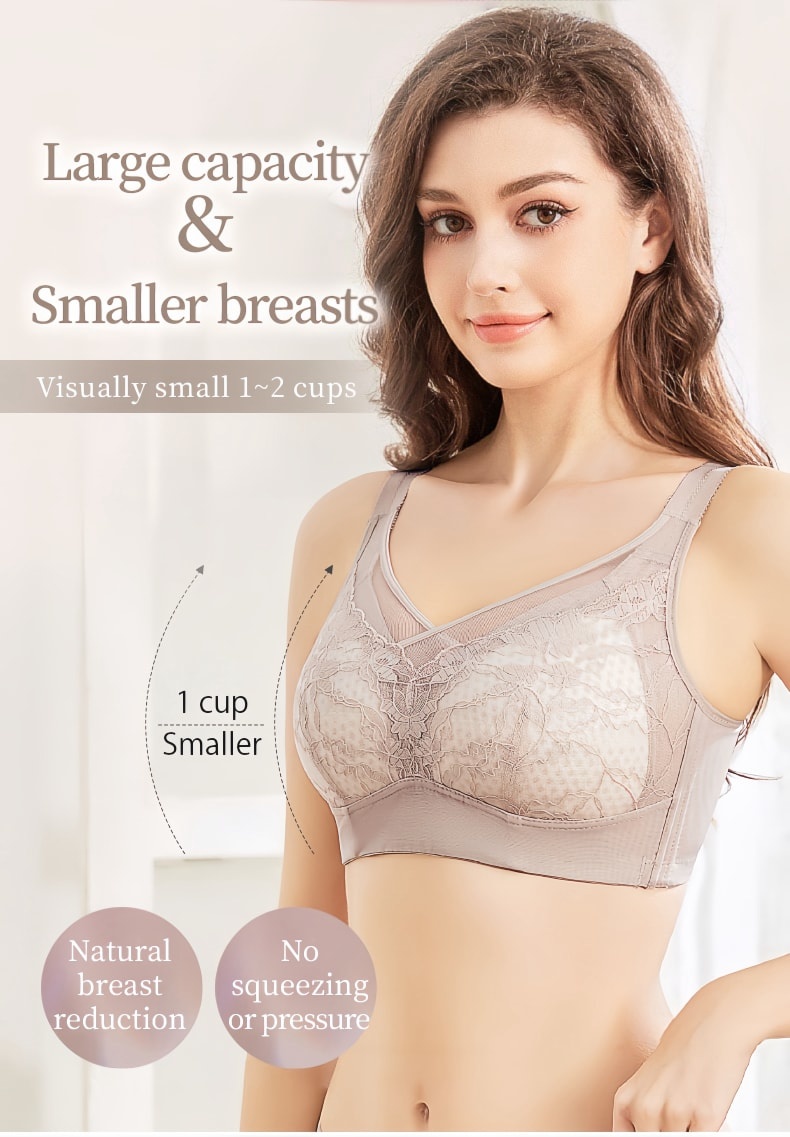 Plus Size Minimizer Bra Cross Double-Line Lifting Breathable Honeycomb Cotton Cup Flower Lace VEIMIA