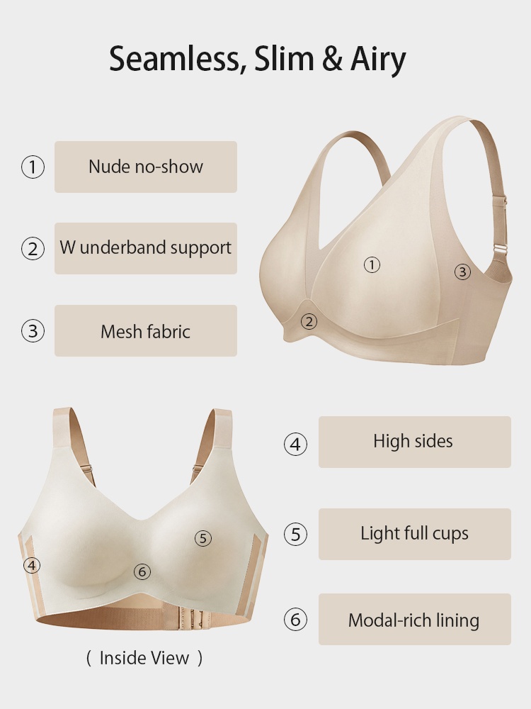 Feature diagram showing beige wireless bra structure and inside view VEIMIA