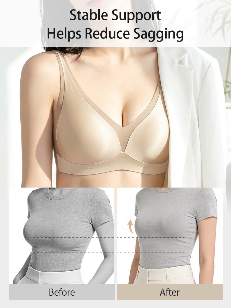 Support comparison graphic showing beige wireless bra before and after VEIMIA
