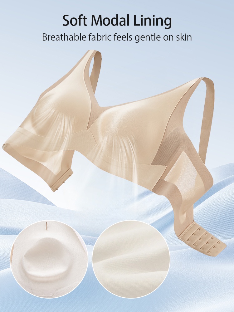 Beige wireless bra inside view with soft lining and back closure VEIMIA