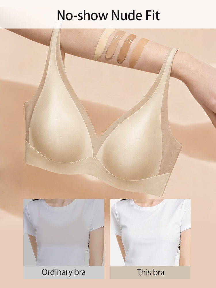 Feature graphic showing beige no show wireless bra under white shirt VEIMIA